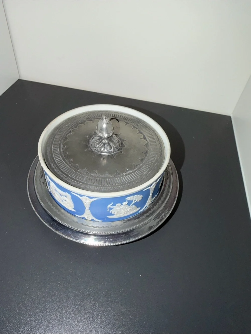 Antique Wedgwood Light Blue Jasperware Lidded Butter Dish w/ Silverplate Stand